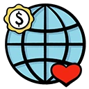 An image of an earth globe with a heart and dollar sign
